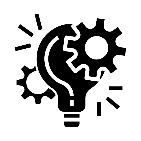 An icon with a lightbulb and gears on either side.