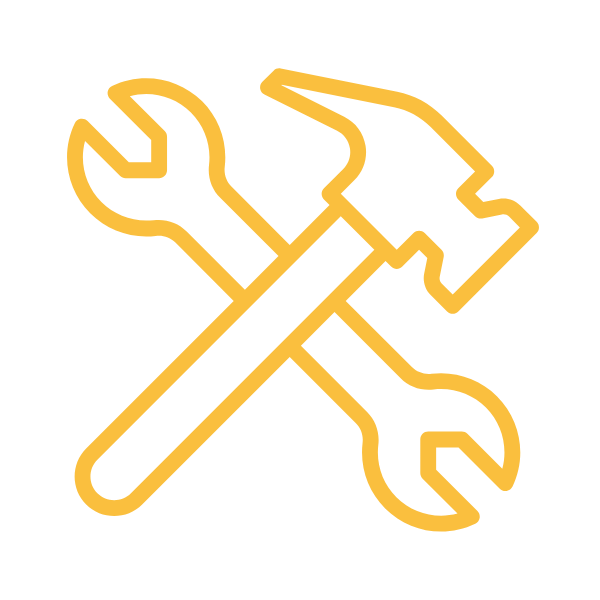 A yellow icon of a hammer and a wrench crossing over each other.